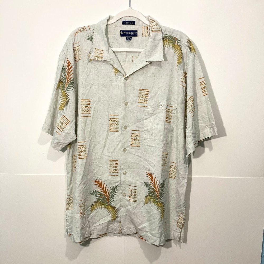Weekender Hawaiian Button up Shirt Short Sleeves Leaves Tropical Silk Blend XL